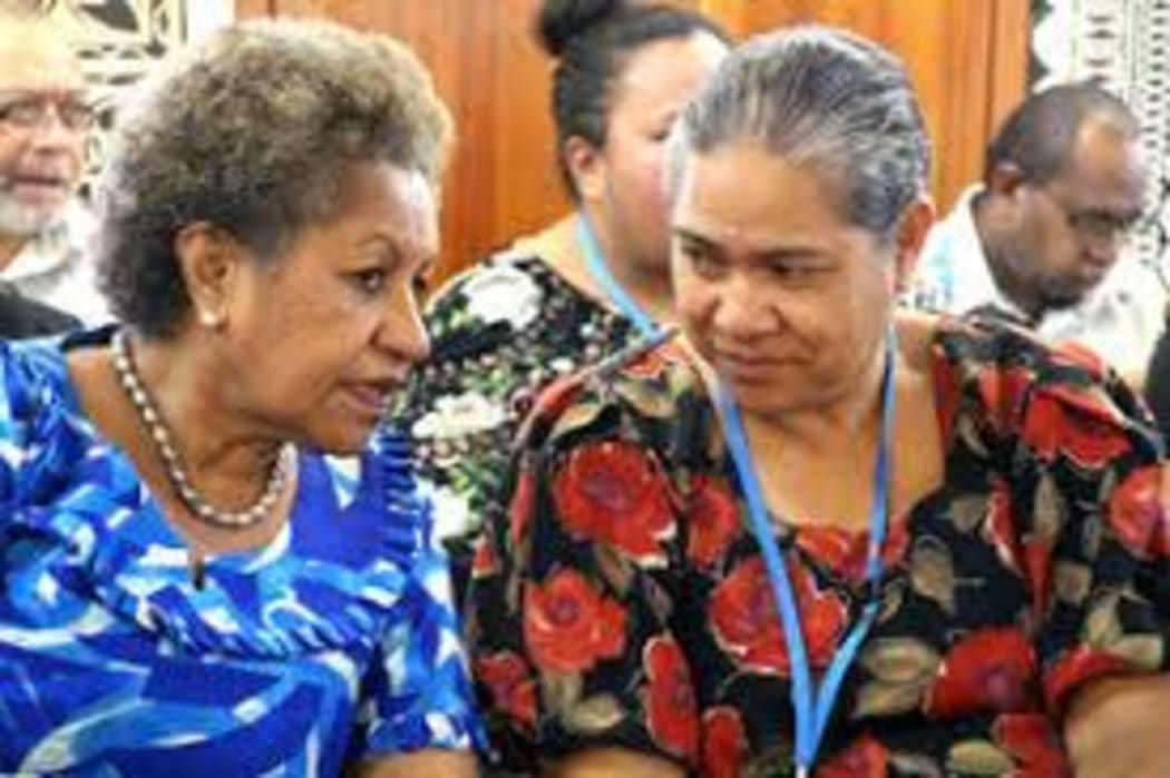 Former PIANGO chief executive Emele Duituturaga, of Fiji, left, and her successor Emeline Siale Ilolahia, of Tonga.