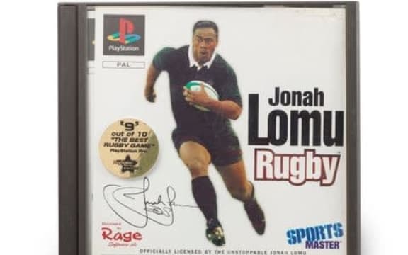 A close up image of the cover of the 90s Jonah Lomu Rugby PlayStation game - it features an image of Jonah Lomu runnign with the ball.