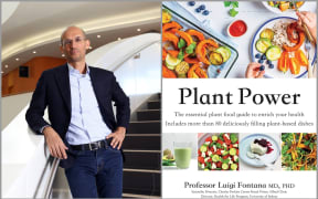 Image of Luigi Fontana and the cover of his Plant Power book.
