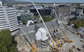 Work being done on the north side of Christ Church Cathedral in March 2022.