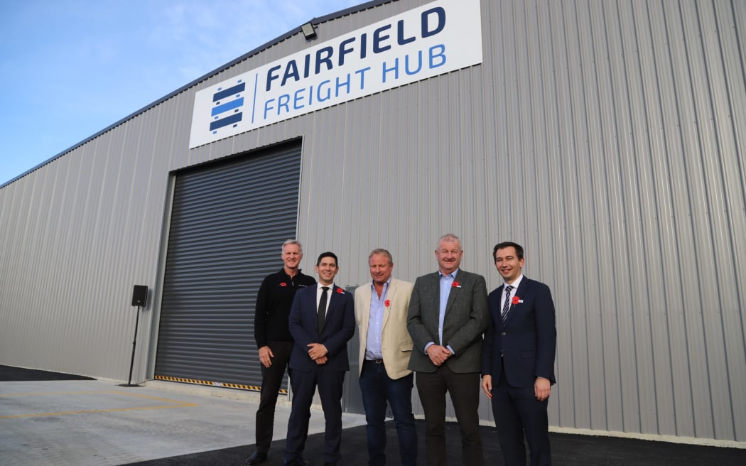 Celebrating the opening of the Fairfield Freight Hub were KiwiRail chief executive Peter Reidy, Rangitata MP James Meager, Wareing Group director Mark Wareing, Ashburton Mayor Neil Brown, and Minister of Transport Simeon Brown.