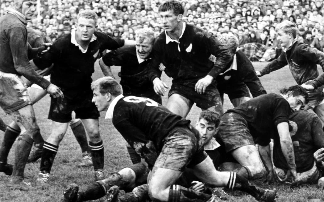 All Blacks halfback Chris Laidlaw clears the ball against British and Irish Lions, 1966.