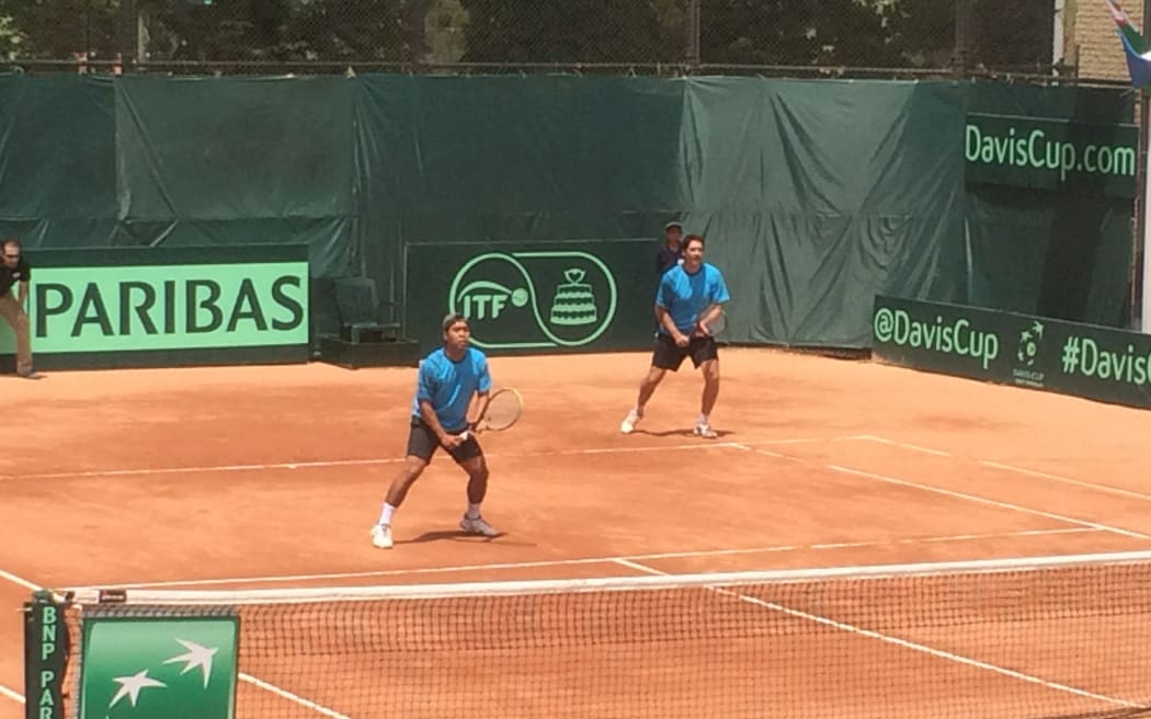 Daniel Llarenas and Brett Baudinet competing for Pacific Oceania at the Davis Cup tie in Iran.