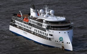 Aerial view of Australian cruise ship Greg Mortimer off the port of Montevideo on April 7, 2020.