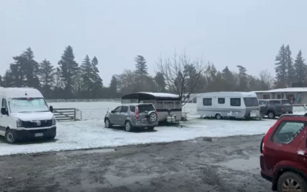 Snow falling at the Methven camping ground on 5 October 2022