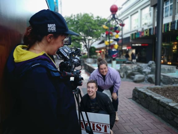 Alice Snedden, Leon Wadham & Ainsley Calderwood at Bucket Fountain, Wellington