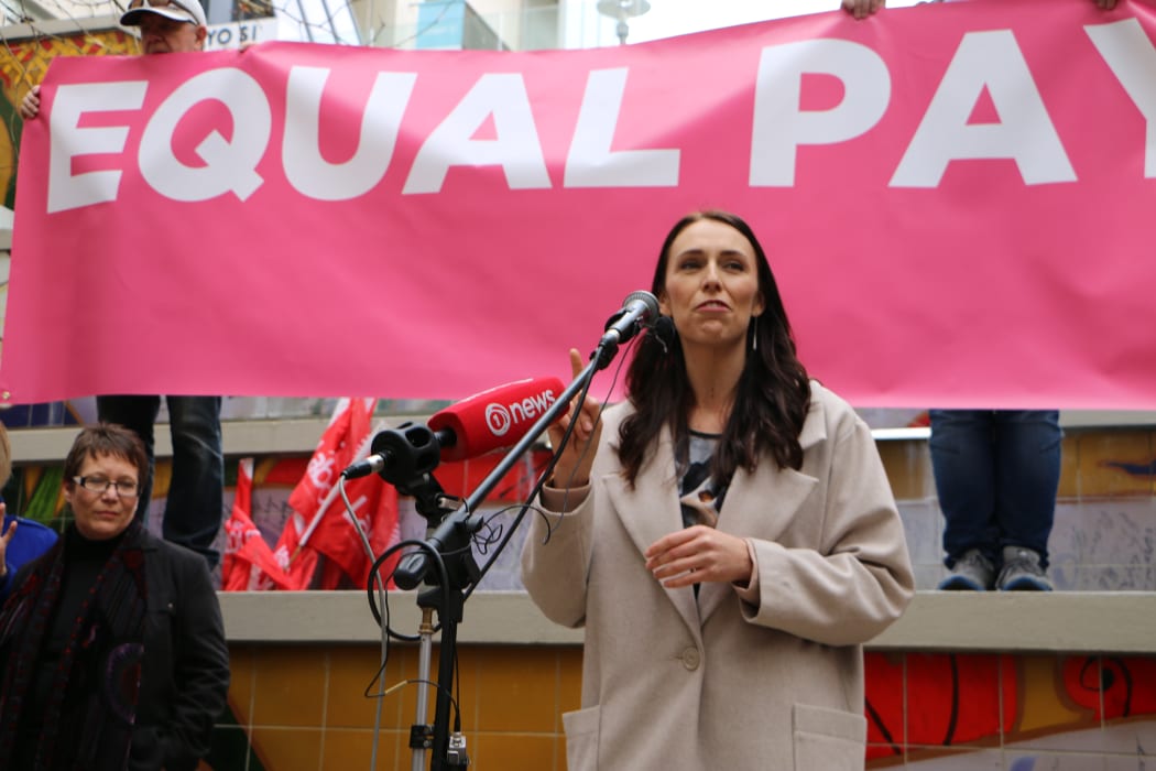 Jacinda Ardern addresses the crowd at the Pay Equity Rally in Auckland.