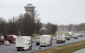 Self-driving trucks near in Zwolle, The Netherlands, 09 February 2015, during the first test in the world where self-driving trucks take part in the traffic on a public road.