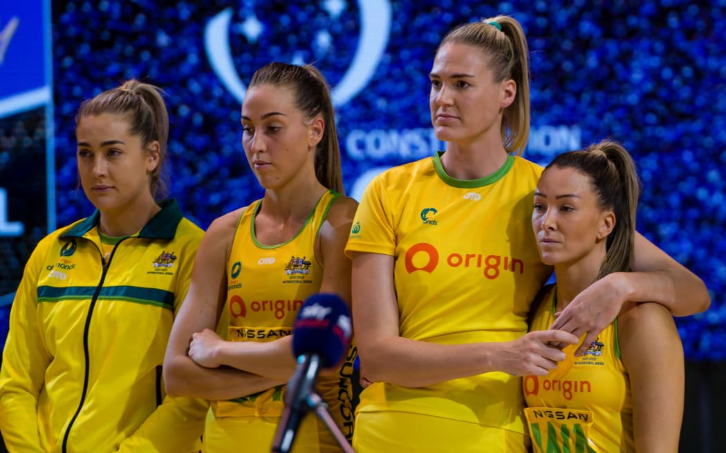 A disappointed Sophie Garbin, Cara Koenen, Caitlin Bassett and Verity Charles of the Australian Diamonds after losing the 2021 Constellation Cup.