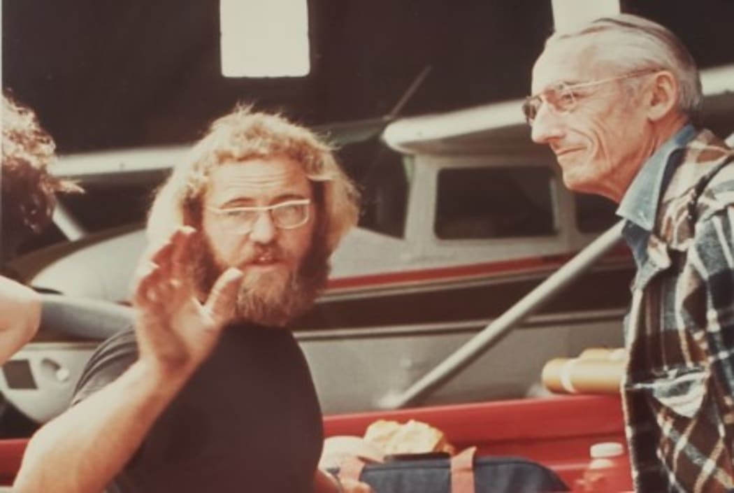 John Ayton (Kiwi) with Jaques Cousteau on his 65 birthday. At Long Beach, CA preparing the PBY for an expedition.
