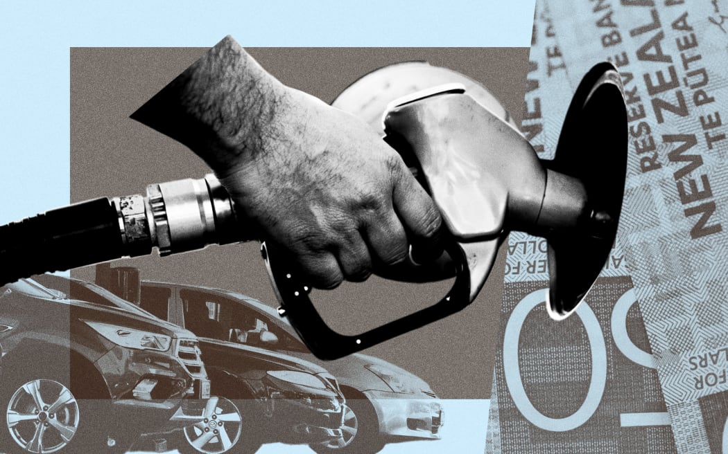 Composite of hand pumping fuel, money and cars.