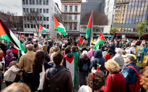 Pro Palestinian protesters gather in Wellington on 16 August 2025 as part of nationwide demonstrations.