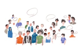 Crowd of people and speech bubbles done in a gestural illustration