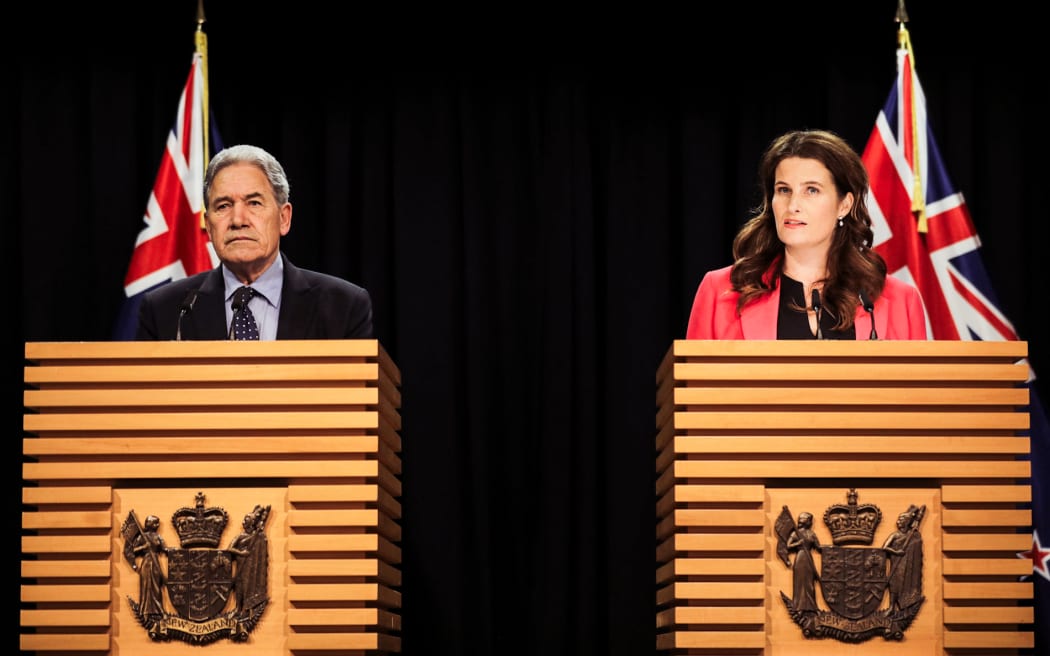 Nicola Willis and Winston Peters who was named the new Minister for Rail at the ferry announcement on 11 December 2024.