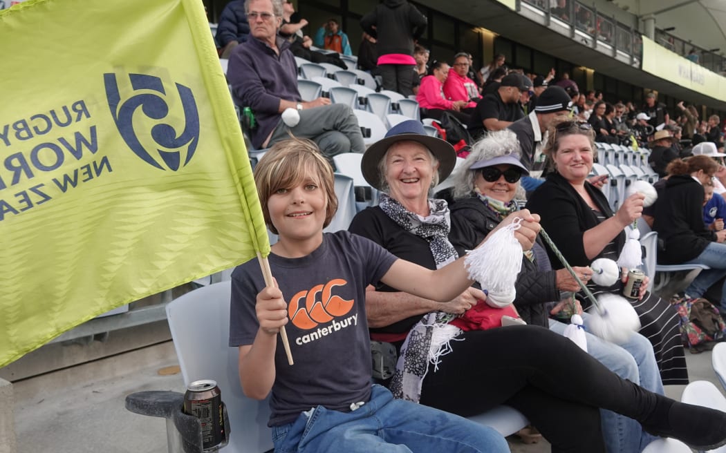 Jordan Harvey, 9, grandma, Angie Harvey and Lisa-Jane Harvey were among the enthusiastic Black Ferns supporters in the crowd at the Black Ferns v Wales quarter-final match of the Women's Rugby World Cup at Northland Events Centre in Whangārei on 29 October, 2022.