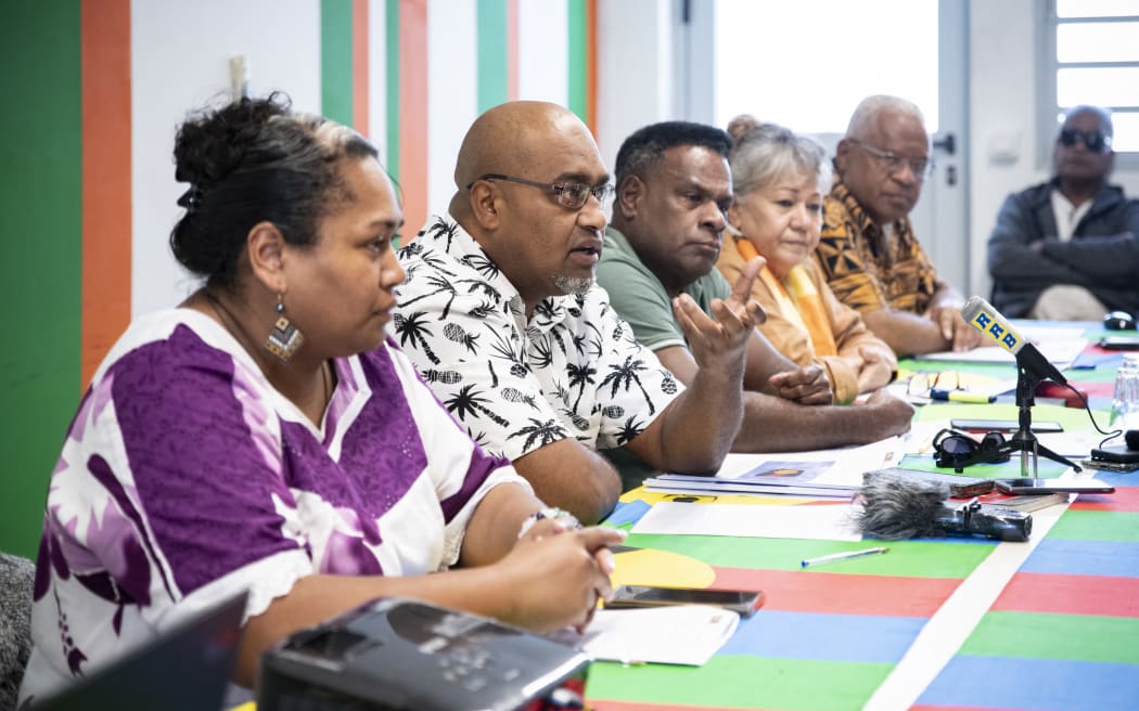Following the 45th extraordinary congress of the Front, held four days earlier in the Conception tribe, the FLNKS confirmed on Wednesday at a press conference its rejection of the Bougival draft agreement and called for provincial elections to be held next November. From left to right: Laurie Humuni (Secretary General of the RDO), Dominique Fochi (Secretary General of the UC).
New Caledonia, Noumea, August 13, 2025. Photography by Delphine Mayeur / Hans Lucas.
A l’issue du 45eme congres extraordinaire du Front qui s’est tenu 4 jours plus tot a la tribu de la Conception, le FLNKS confirme ce mercredi en conference de presse le rejet du projet d’accord de Bougival et demande la tenue des elections provinciales des novembre prochain. De gauche a droite : Laurie Humuni (secretaire generale du RDO), Dominique Fochi (secretaire general de l UC).
Nouvelle-Caledonie, Noumea, 13 aout 2025. Photographie par Delphine Mayeur / Hans Lucas. (Photo by Delphine Mayeur / Hans Lucas via AFP)