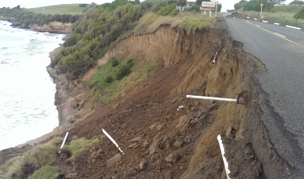 The collapsed section of Beach Road near Kakanui, North Otago.