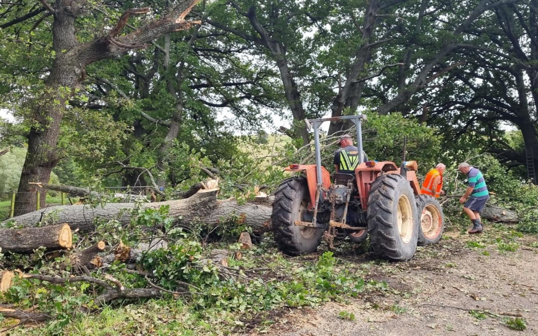 A tractor is used as residents in Raukawa clear a large tree branch that blocked a road towards Maraekakaho.