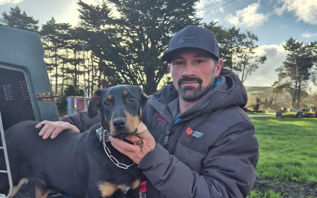 Wairarapa farmer and dog triallist Chris Shaw with his latest pup, 7-month-old Huntaway Miley.
