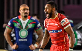Hamiso Tabuai-Fidow of the Dolphins celebrates after win over the Warriors 18-20, NZ Warriors v Dolphins.