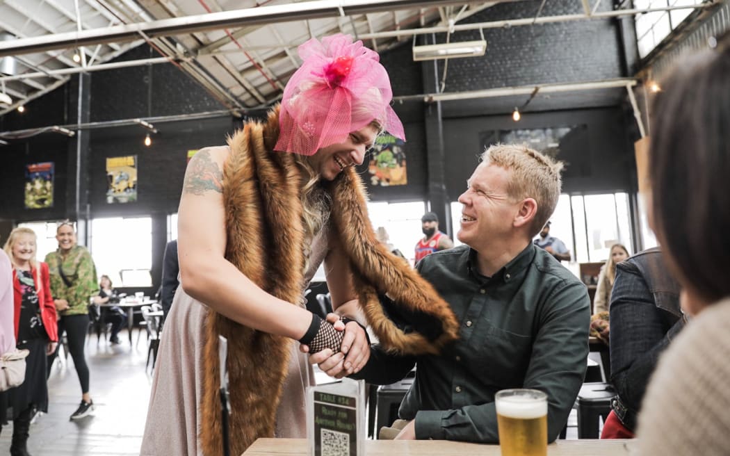 Labour leader Chris Hipkins having a beer at Boneface, in Upper Hutt, after a day campaigning on 6 October, 2023.