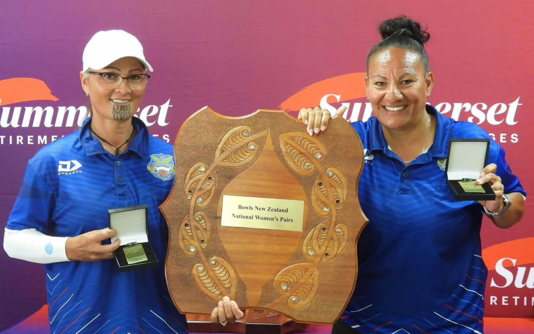 Olivia Bloomfield (right) and her women's pairs partner Lisa Prideaux, celebrate their win at the New Zealand Nationals in Auckland early January, 2025. Photo: New Zealand Bowls