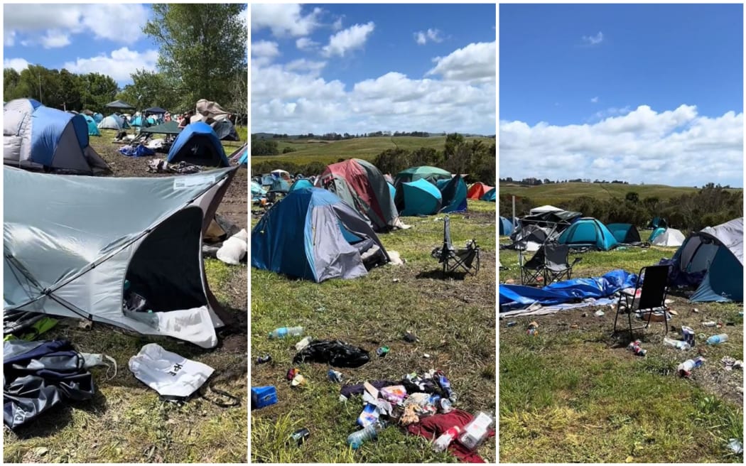 A montage of pictures showing the tents and debris left behind after the 2023/2024 Northern Bass music festival in Mangawhai, Northland.