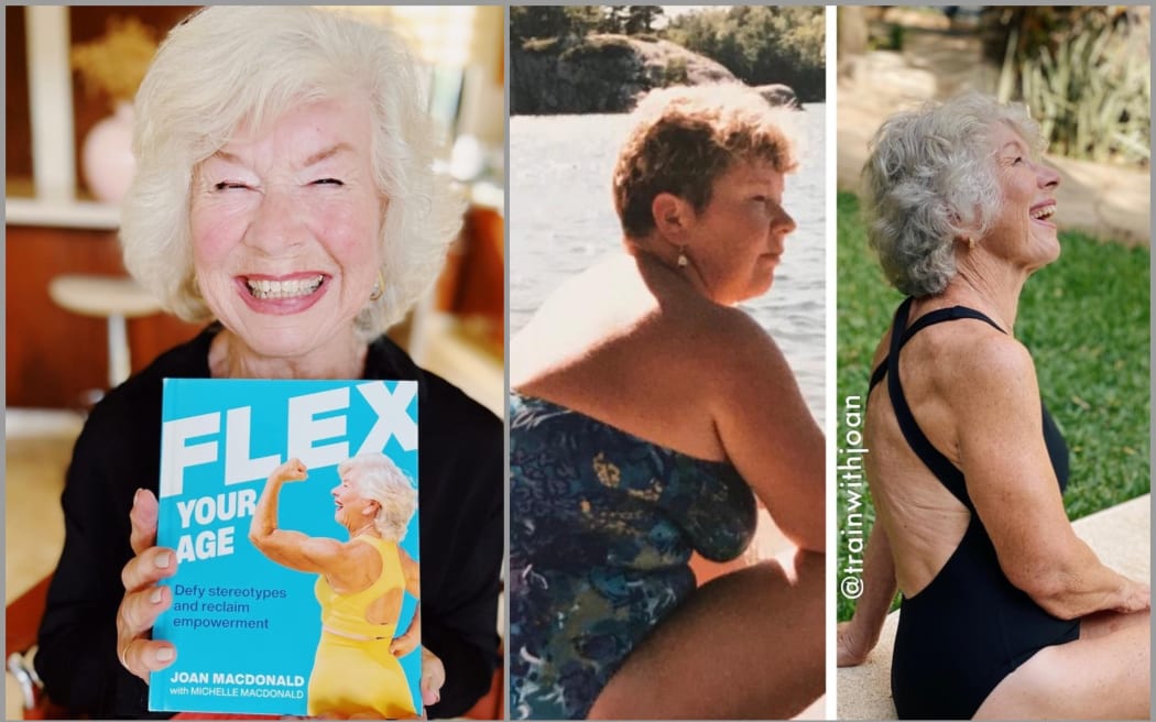 Joan MacDonald holding a copy of her book, plus before and after pictures