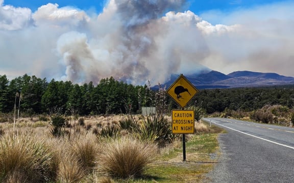 A view of the fire in the Tongariro National Park from a popular tourist photo spot along SH47