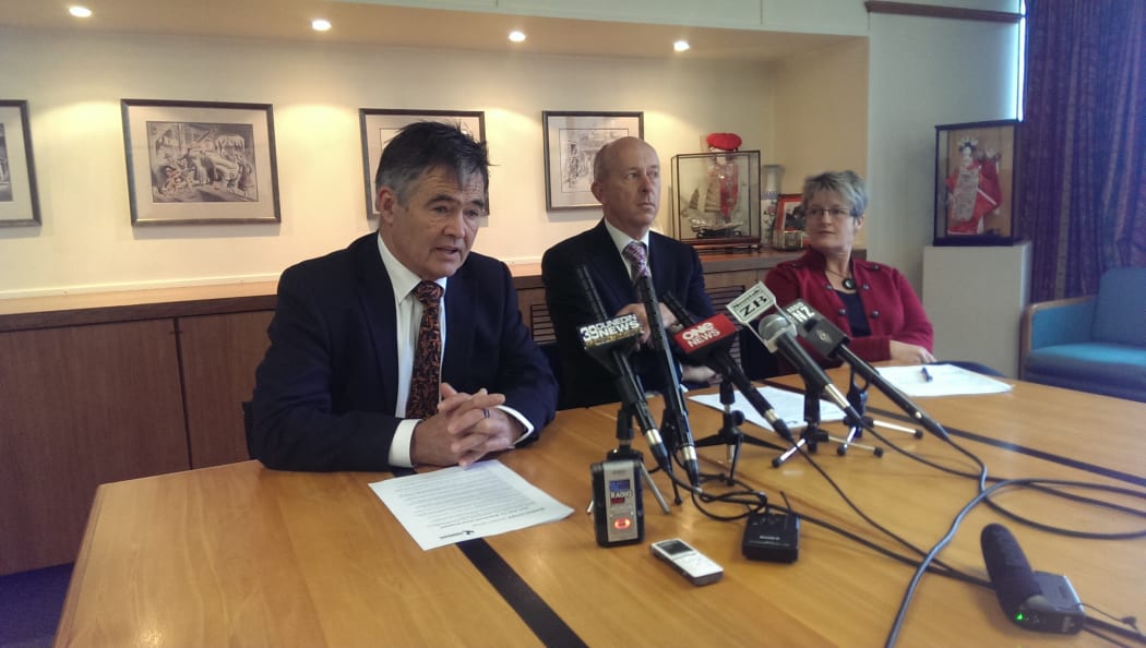 Mayor Dave Cull, left, with Steve Rodgers of Betterways Advisory and council chief executive Sue Bidrose at a news conference on Monday.