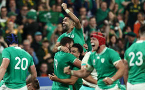 Ireland's  Conor Murray celebrates the victory at the end of the 2023 Rugby World Cup pool match against South Africa at the Stade de France.
