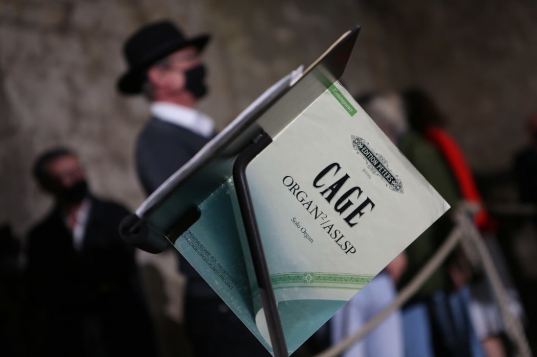 05 September 2020, Saxony-Anhalt, Halberstadt: The score of the musical piece "ORGAN2/ASLSP" by John Cage is placed on a music stand inside the Burchardi Church.