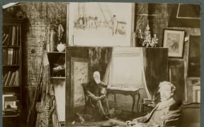 Louis John Steele in his studio with his portrait of Sir John Logan Campbell at Kilbryde, black and white photograph from Campbell’s unpublished “My autobiography”, 1904-7, Campbell papers, Cornwall Park Trust on deposit Auckland War Memorial Museum.