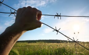 Hand of prison and sky nature background. Conceptual scene.
