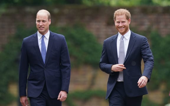Prince William, Duke of Cambridge, left, and Prince Harry, Duke of Sussex arrive for the unveiling of a statue of their late mother, Princess Diana at The Sunken Garden in Kensington Palace, London on 1 July, 2021, which would have been her 60th birthday.