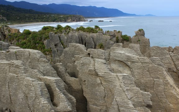 View of pancake rocks and up the coast behind