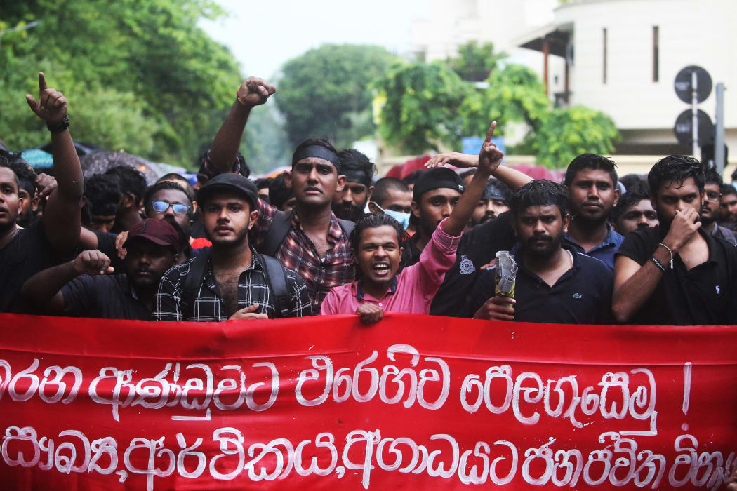 University students protest against the economic crisis on April 5, 2022, in front of the residence of the Prime Minister of Sri Lanka Mahinda Rajapaksa in Colombo.