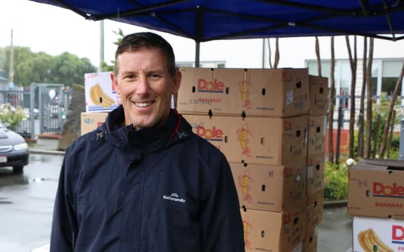 Crusaders Rugby academy manager Aaron Webb, helping hand out Christmas food parcels Christchurch City Mission, says it’s nice to give back.