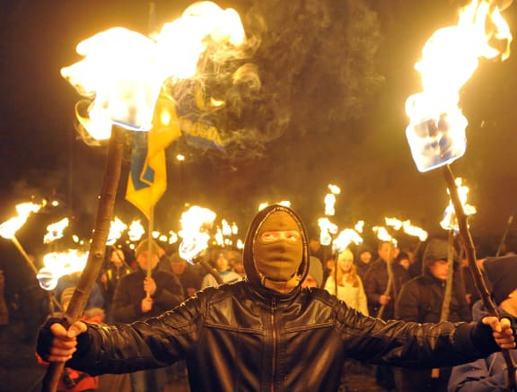 Nationalists march in the western Ukrainian city of Lviv.