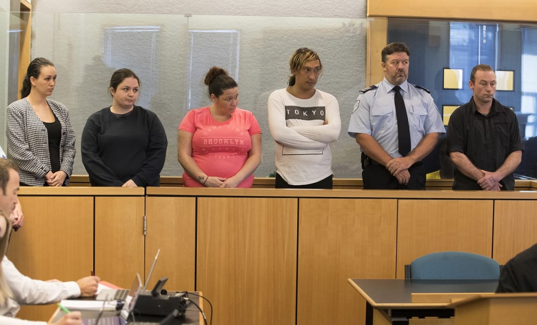 From left: Michelle Blom, Nikki Jones, Julie-Ann Torrance, Cinnamon Atkins, a security guard and Wayne Blackett
