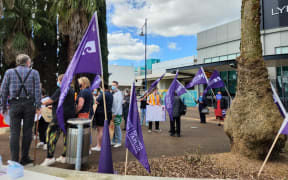 People gather at the nurses' rally outside Lynnmall in New Lynn, Auckland on 29 August, 2022.