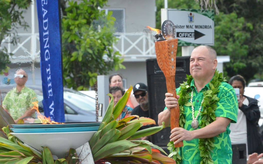Prime Minister Mark Brown lights the cauldron to officially open the nation’s 60th Te Maeva Nui festival, celebrating the theme “Kua kite au i toku turanga, e Avaiki toku” (I know who I am, I have a homeland). MELINA ETCHES/25072533