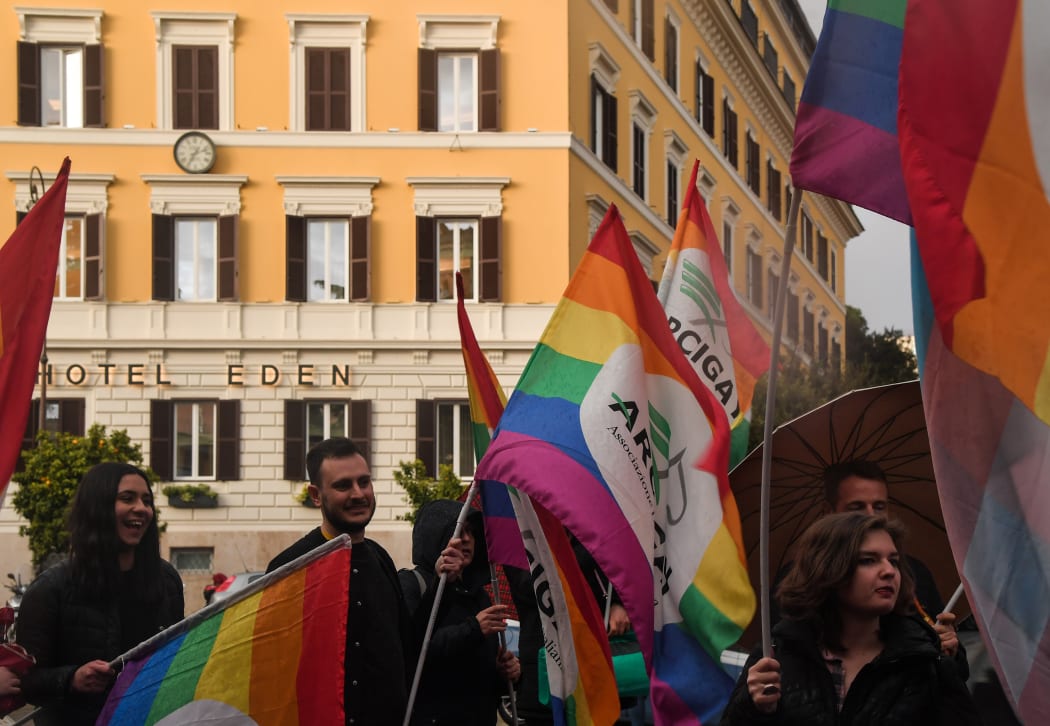 Protesters from Italian LGBTI association Arcigay demonstrate outside a Brunei-owned hotel in Rome, 14 April 2019.