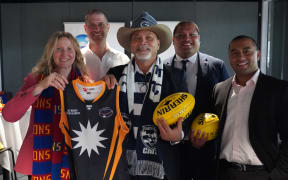 L-R Head of the Office of The Pacific Department of Foreign Affairs and Trade, Elizabeth Peak; AFL’s Head of Participation & International, James Ceely; the Hon Lionel Aingimea, Foreign Minister for Naura; the Hon Jesse Jeremiah MP, Minister for Sport for the Republic of Naura and the Hon Maverick Eoe MP, Deputy Minister for Sport for the Republic of Nauru celebrate the partnership extension before Round 6 of the Toyota AFL Premiership Season between the Brisbane Lions and Geelong Cats at The Gabba.