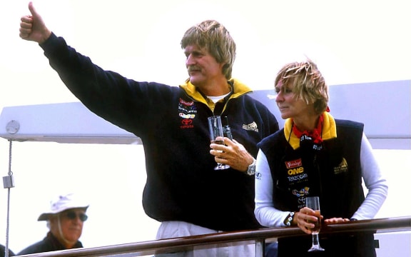 Peter and Pippa Blake after Team New Zealand crossed the finishing line on race day five in Auckland in 2000.