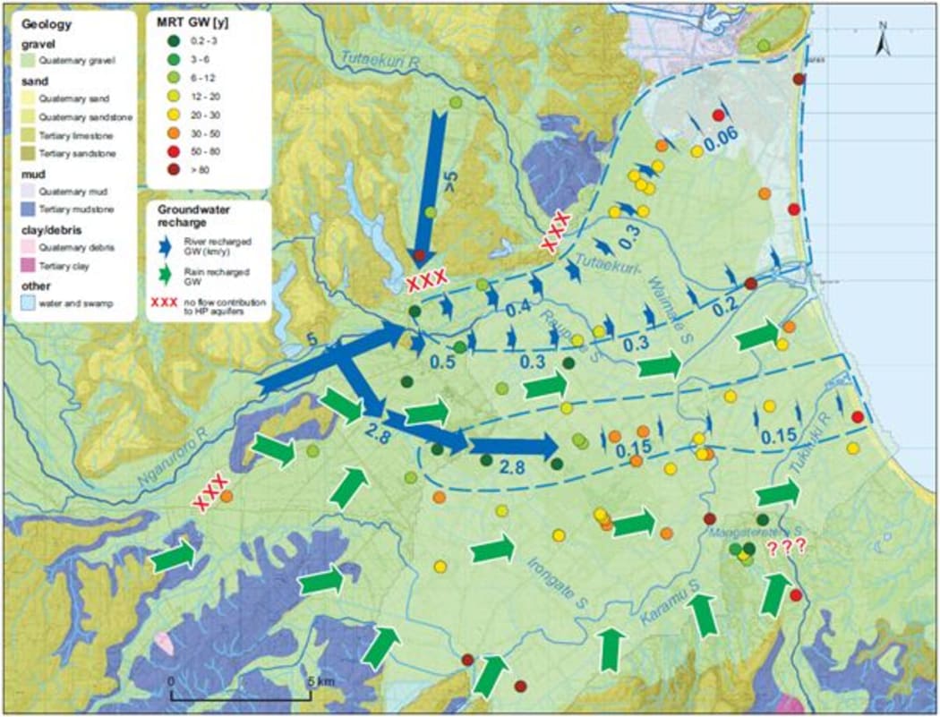 A map created by GNS showing where groundwater flows across the Heretaunga Plains.