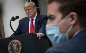 President Donald Trump at a Covid-19 media conference in the Rose Garden of the White House on 11 May 2020 in Washington, DC.