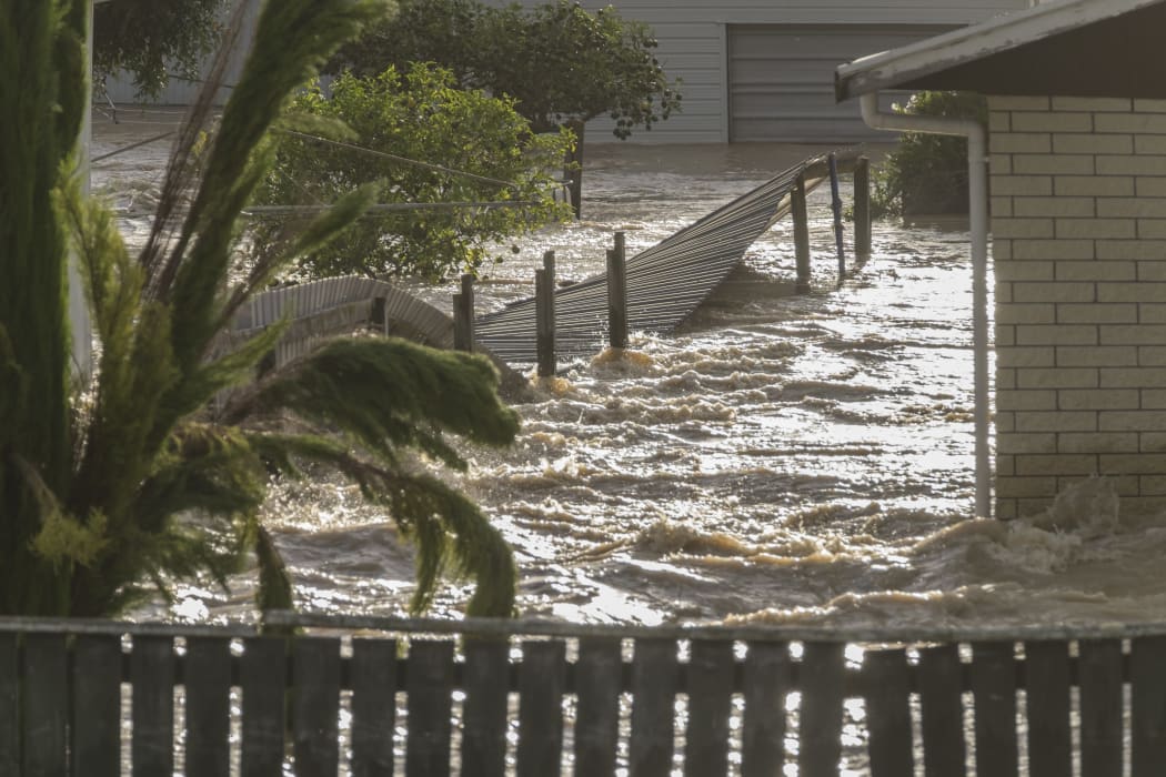 Houses on Edgecumbe's College Road, opposite the stopbank wall on the river Rangataiki that breached and flooded the majority of the town causing the evacuation of 1600 residents in 2017.