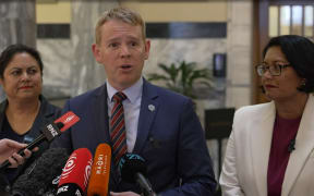 Labour leader Chris Hipkins is joined by Barbara Edmonds and Ayesha Verrall for a media stand-up at Parliament on 23 May 2025.
