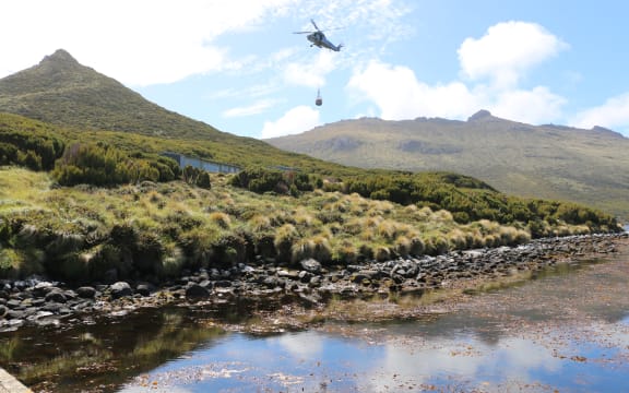 A helicopter hovers over the DOC and MetService huts tucked into the greenery at the base of Beeman hill. The camera is looking up to the hill from the wharf, with water and rocks in the foreground. There are goods loaded in the sling below the helicopter.